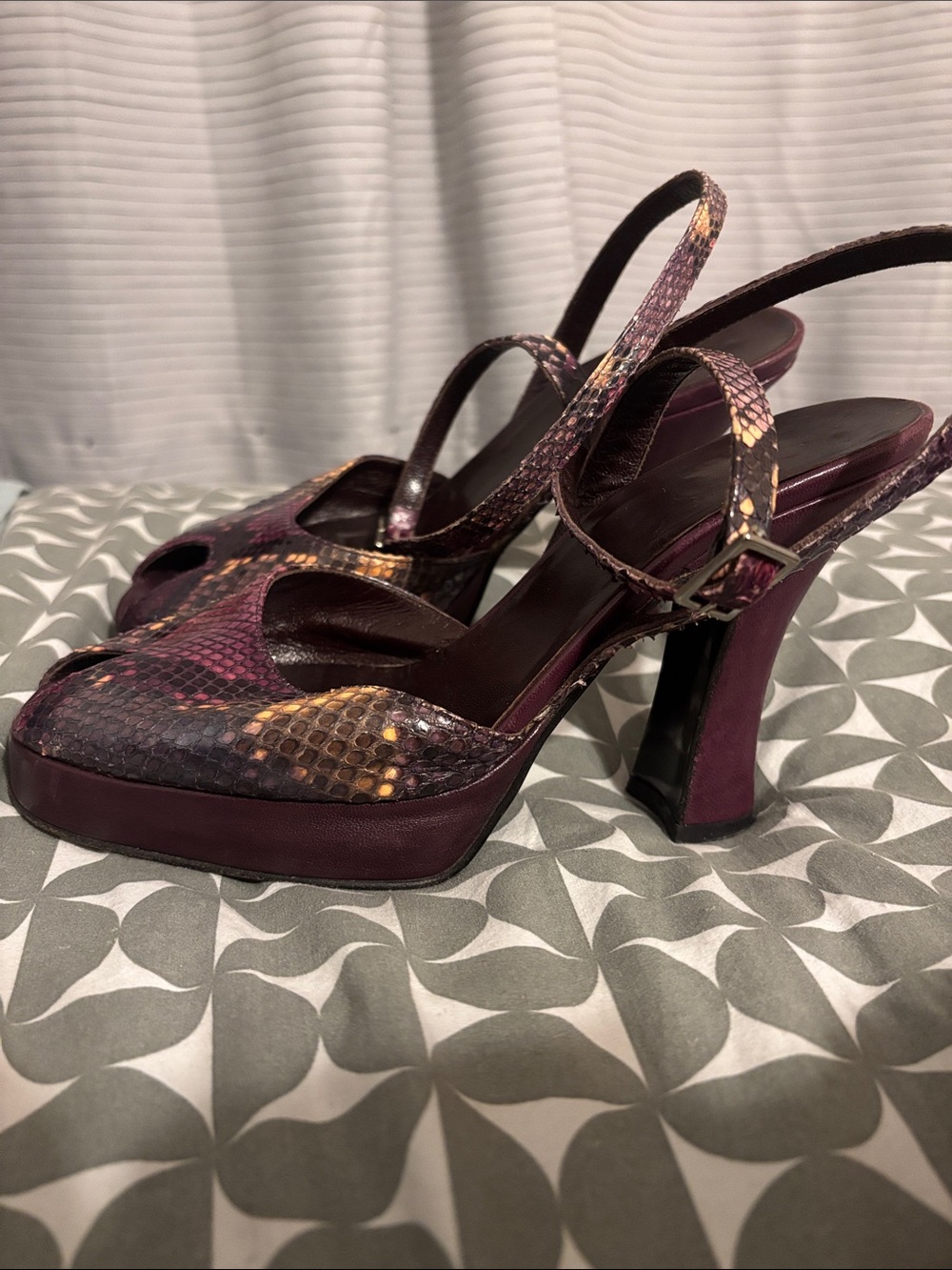 Vintage Browns Couture Iridescent Purple Python Platform Ankle Strap Heels- 37.5